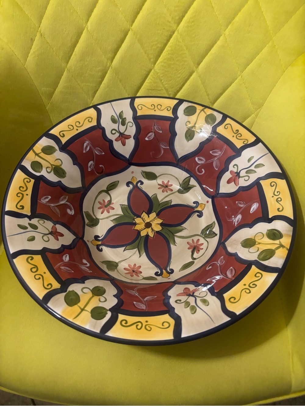 Pier 1 Hand-Painted Ceramic Serving Bowl - Red, Yellow & Green 14 1/4
